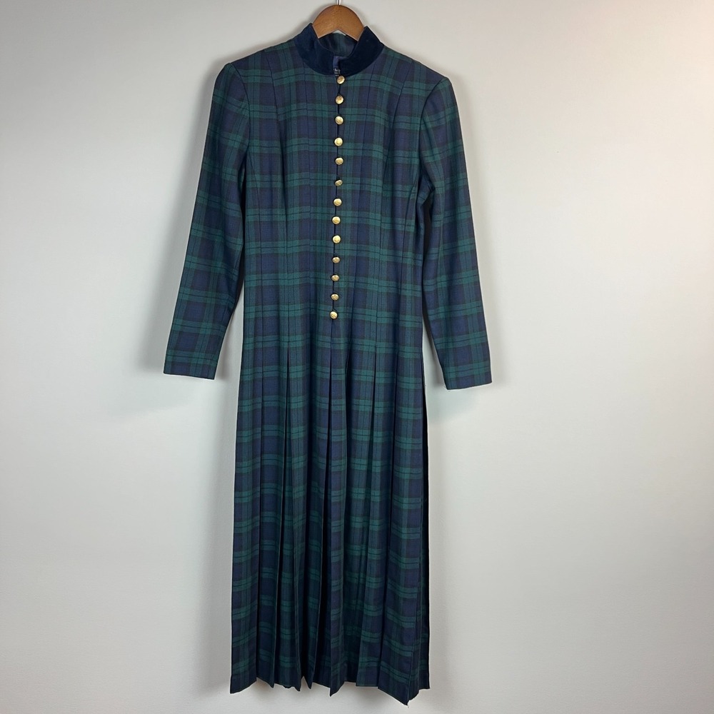 Vintage Tartan‎ Plaid Maxi Dress Womens 4 Green Navy Pleated A-Line Gold Buttons